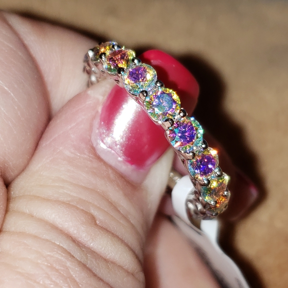 Sz 9, Aurora Borealis Cubic Zirconia 925 Silver Eternity Band 7.30ctw. NWT!